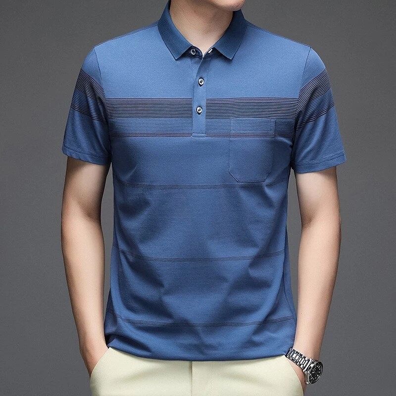 2022 Trendy Cotton Polo Shirt for Males - Brief Sleeve Striped Summer time Put on - Informal Unfastened Match Enterprise High - Customized Model