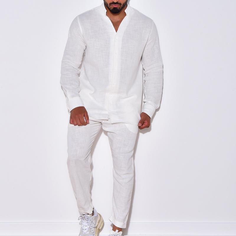 Males's Linen Two-Piece Leisure Swimsuit: Lengthy Sleeve Shirt and Trousers for Spring and Autumn Trend