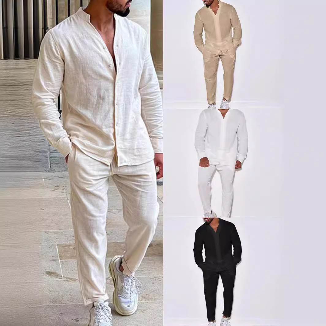 Males’s Linen Two-Piece Leisure Swimsuit: Lengthy Sleeve Shirt and Trousers for Spring and Autumn Trend