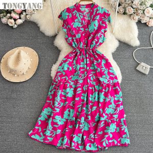 TONGYANG 2024 Girls’s Excessive-High quality Summer season Sleeveless Floral Midi Costume – Elegant Classic Type for Women